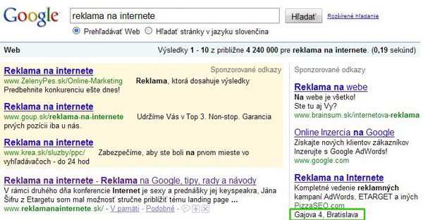 Poštová adresa pri inzeráte Google AdWords
