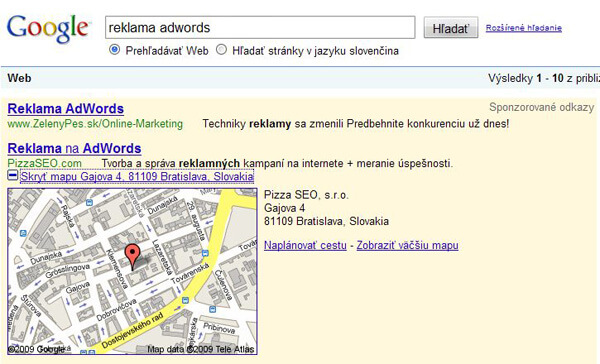 Inzerát Google AdWords s adresou a mapou