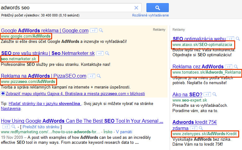 Nefunkčné zobrazené URL reklám pri hľadaní spojenia seo adwords