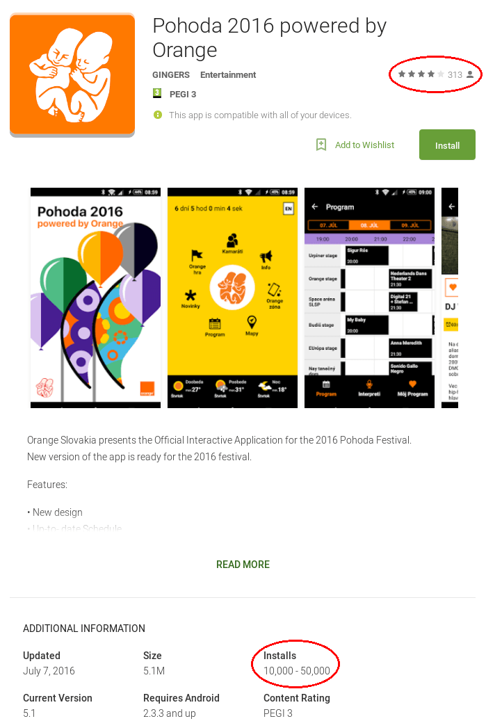 Google Play Pohoda Festival aplikácia - počty stiahnutí a hodnotení