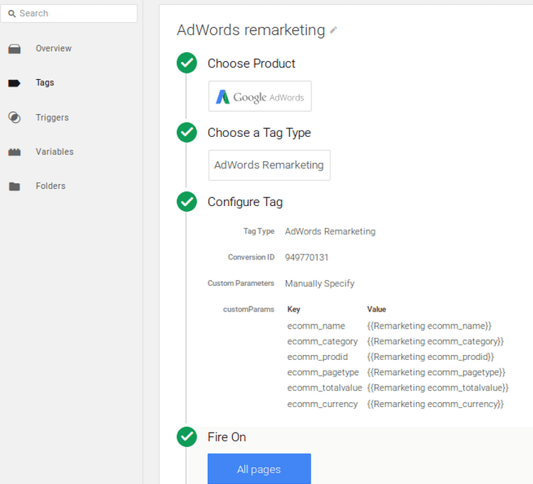 Dáta sa z Google Tag Managera pošlú do Google AdWords natívnym a prednastaveným remarketingovým kódom
