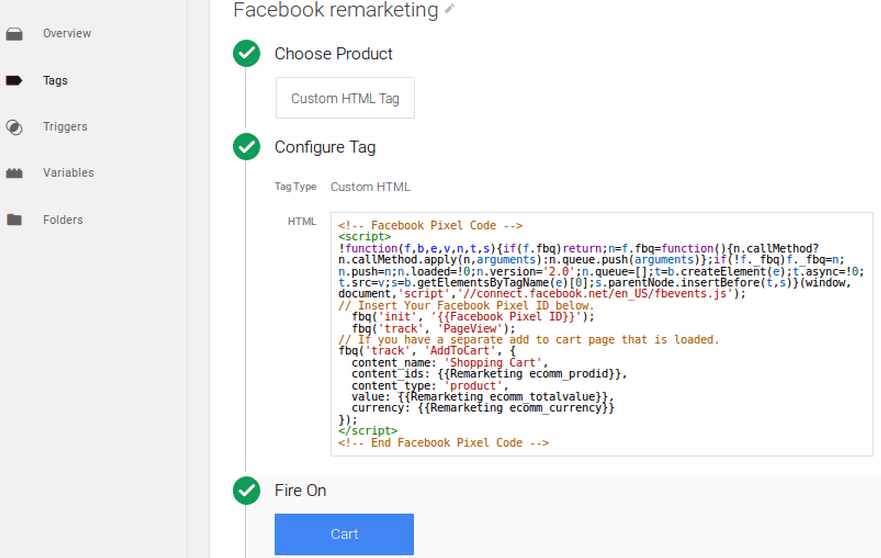 Dáta sa z Google Tag Managera pošlú do Facebooku ručne vloženým konverzným pixelom