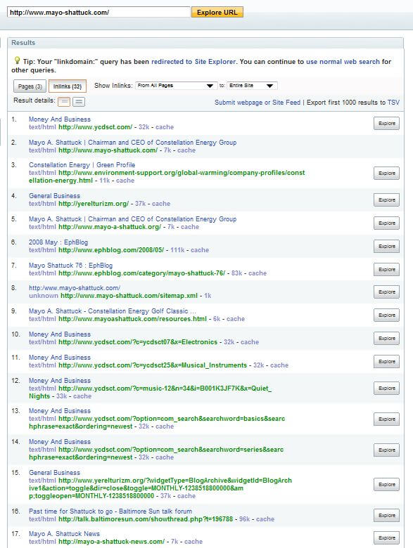 Odkazy smerujúce na web www.mayo-shattuck.com, medzi nimi aj odkazy z ďalších „vlastných“ webov www.mayo-a-shattuck.org alebo www.mayo-a-shattuck-news.com