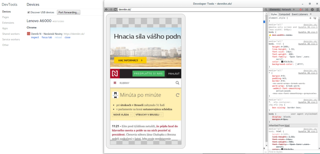 Zrkadlenie mobilného prehliadača na desktopovom zariadení v reálnom čase