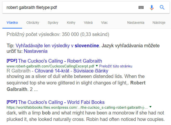 Operátor vyhľadávania filetype:
