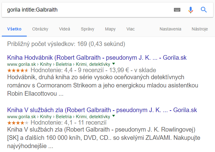 Operátor vyhľadávania intitle: