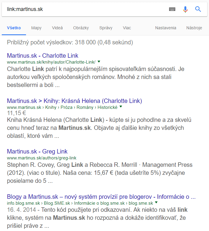 Operátor vyhľadávania link: