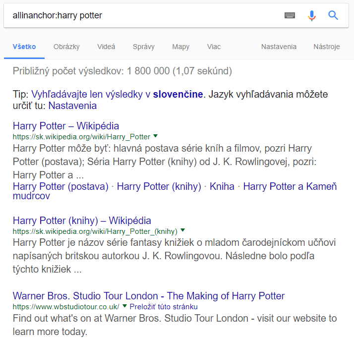 Operátor vyhľadávania allinanchor: