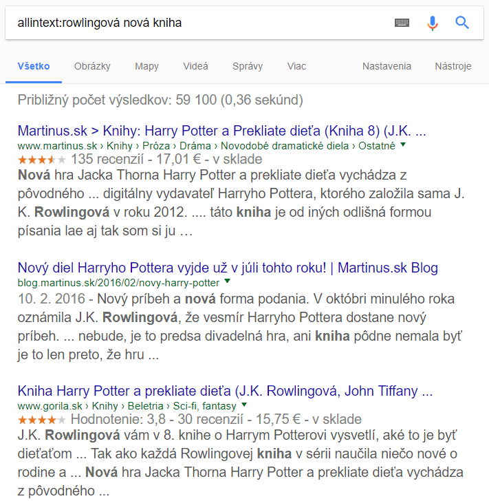 Vyhľadávací operátor allintext: