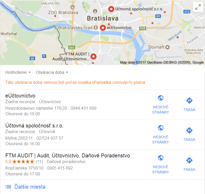 Ukážky mapových výsledkov vo vyhľadávači