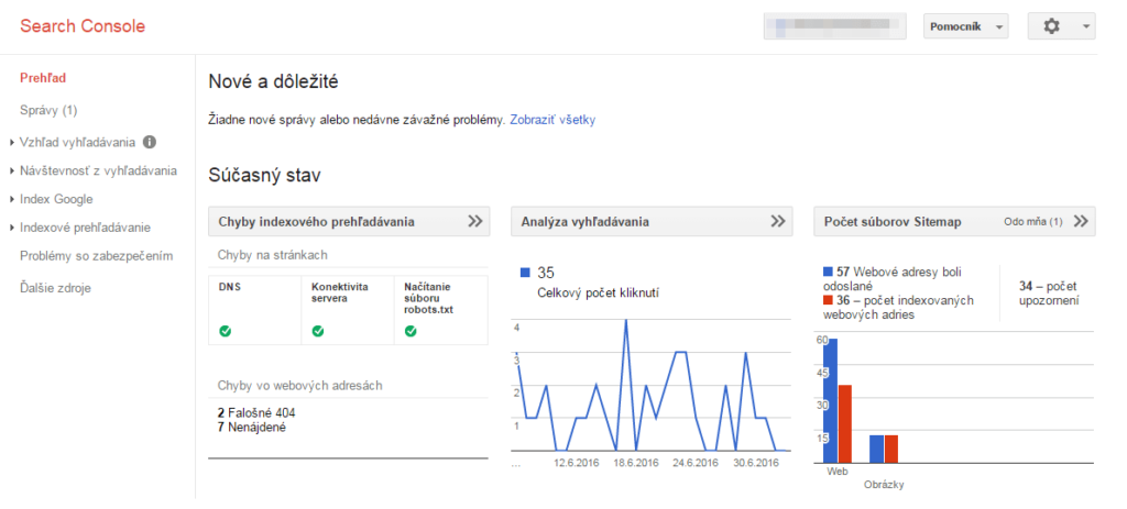 Úvodná stránka v nástroji Search Console