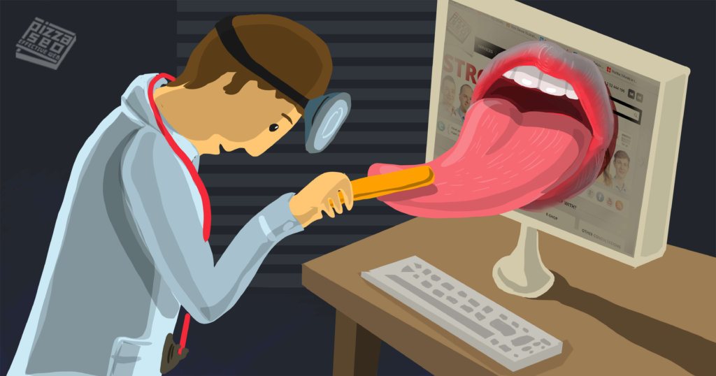 SEO expert skúma vyplazený jazyk webu