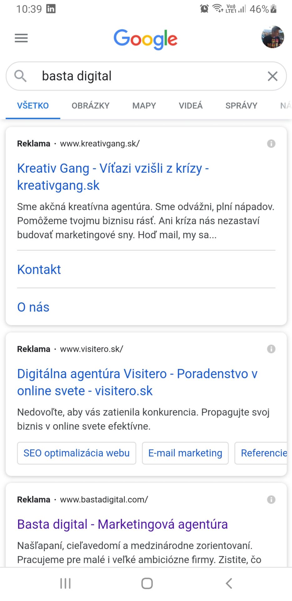 Reklama vo vyhľadávaní pri hľadaní frázy Basta digital