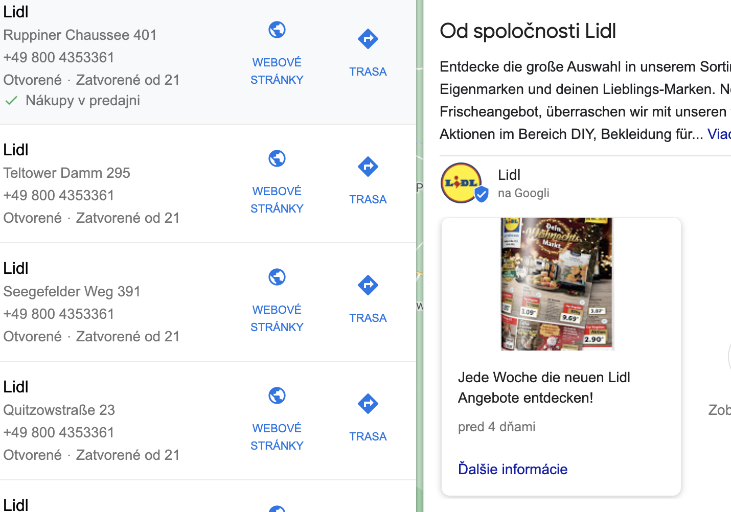 Lidl leták v profile Google My Business