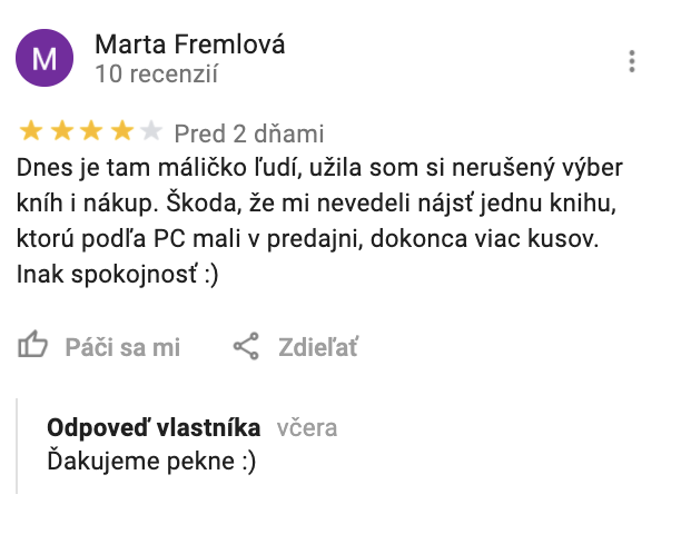 Reakcia na pozitívnu recenziu od Martinus v Google My Business