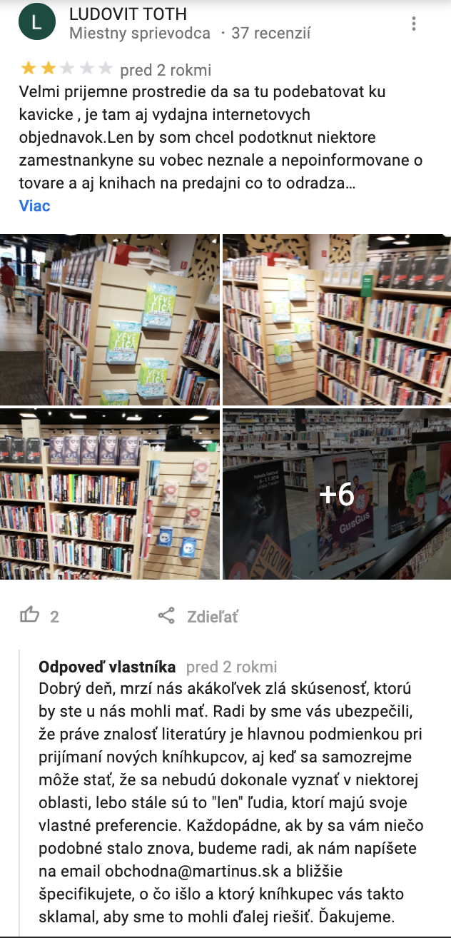 Reakcia na negatívnu recenziu od Martinus v Google My Business
