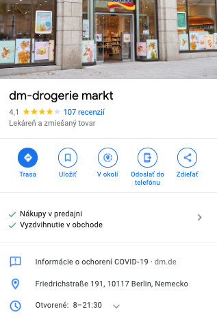 Odkaz na kompletné informácie o opatreniach v súvislosti s pandémiou priamo v profile konkrétnej prevádzky v Google My Business